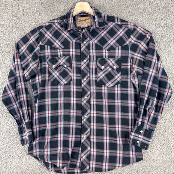 Wrangler Western Shirt Mens Medium Black Plaid Pearl Snap Cowboy Ranch Farm Work - Picture 1 of 10